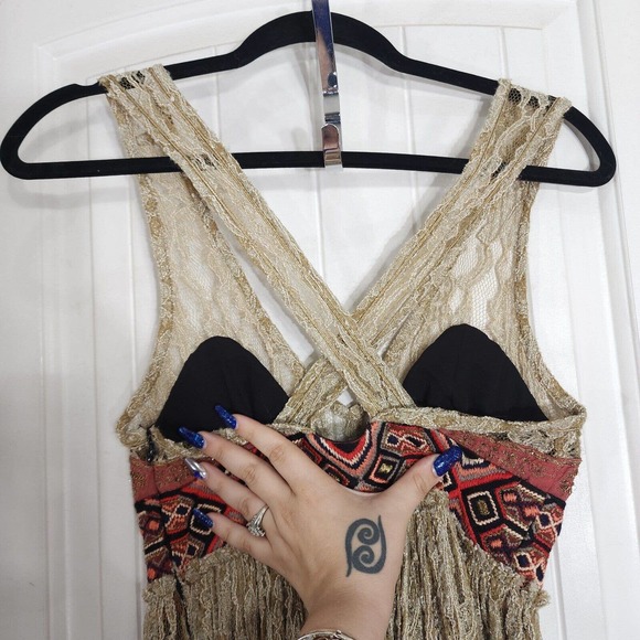 Free People Maxi Dress Blackened Crushed Gold Lace Embroidered Beaded RARE! - Picture 10 of 16